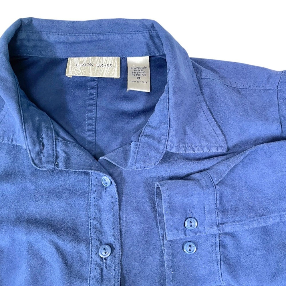Lemon Grass XL Blue Faux Suede Button Up Shirt Long Sleeve Coastal Grandma